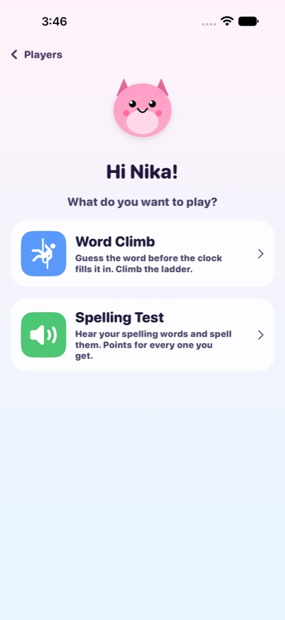 Mode picker: climb or spelling test