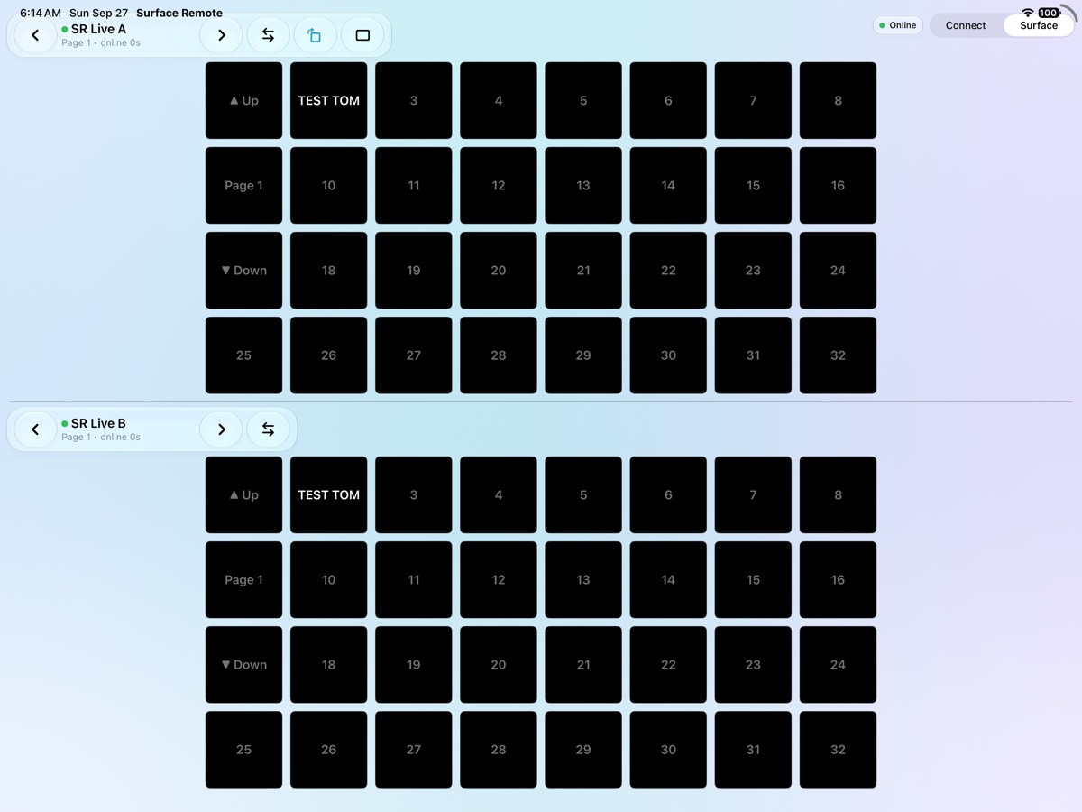 iPad showing two Companion surfaces, SR Live A on top and SR Live B below